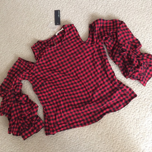 Chloe & Katie Sweaters - Chloe & Katie plaid cold shoulder puffy sleeves